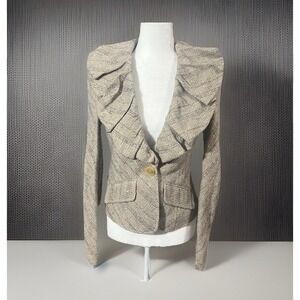 BCBG MAXAZRIA Blazer Wool Blend Size XS Beige Tweed Ruffle Collar Jacket